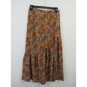 E.ssue Large Floral Tiered Midi Skirt Slit & Button Details Orange Multicolored